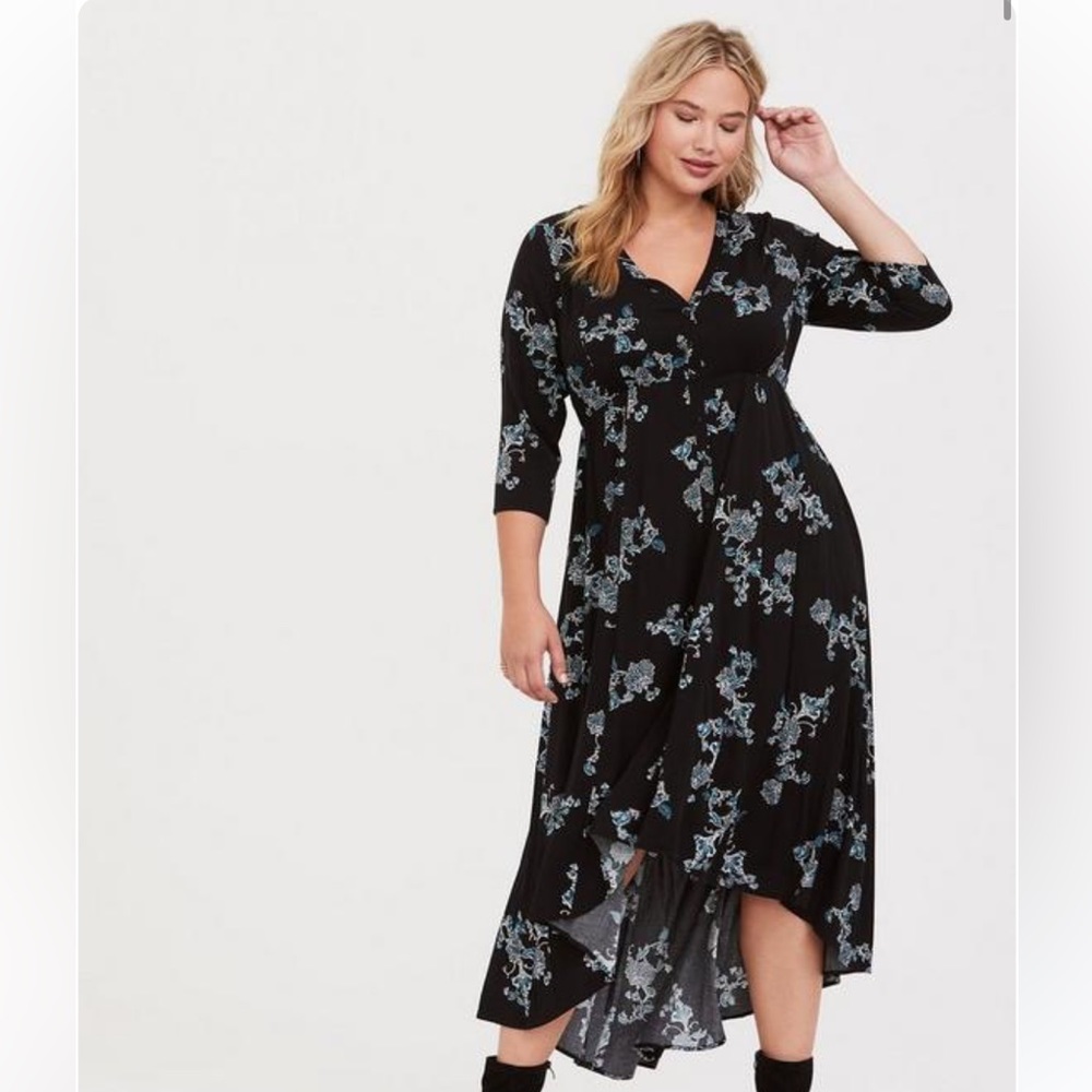Torrid Black Floral Hi-Lo Challis Dress